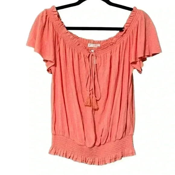 Free People Movement Linen Blend Blouse M Pink Off the Shoulder Tassels NWT - Picture 2 of 9